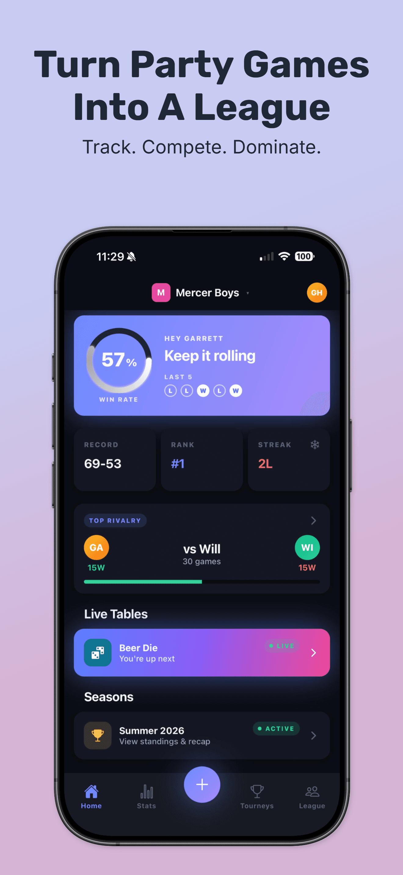 Backyard app home screen — your group's official record